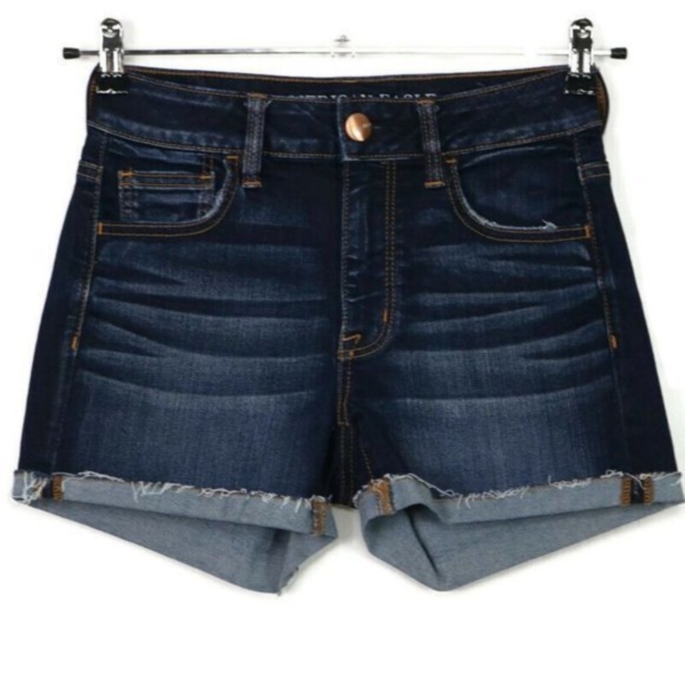 American Eagle Hi-Rise Shortie Super Stretch Cut Off Jean‎ Shorts Dark 4